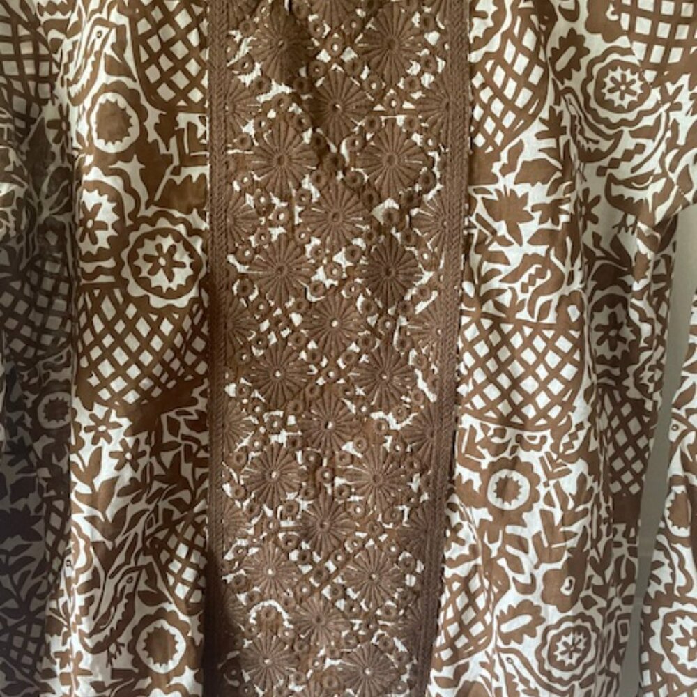 Tory Burch Top Boho Long Sleeve Brown/Tan Print  White Size 10 Lace 100% Cotton - Picture 8 of 10